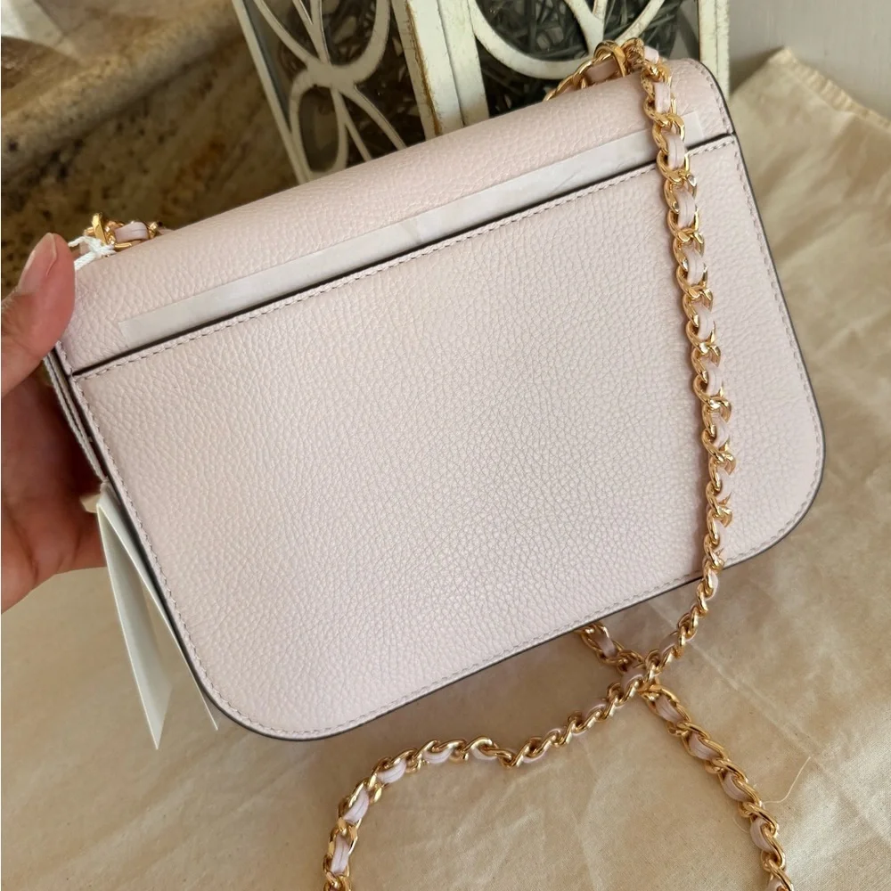 575+!Tory Burch Britten Small Adjustable Shoulder Bag Light Pink with Gold Chain